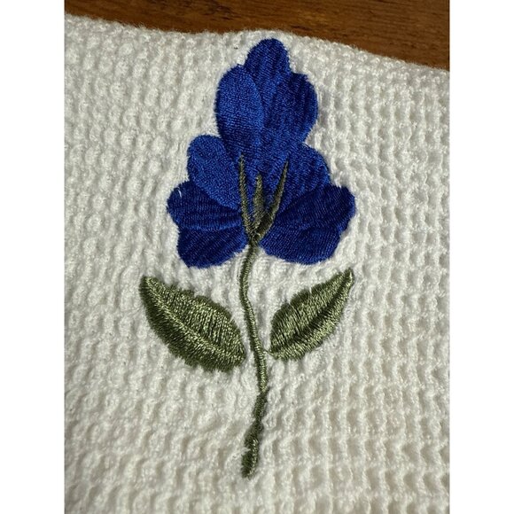 Flower Embroidered Waffle Weave Kitchen Towel With Blue Stripes and Flowers - Picture 2 of 10